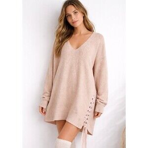 Free People Heart It Lace-Up Sweater Size Large Oversized Blush Pink Knit